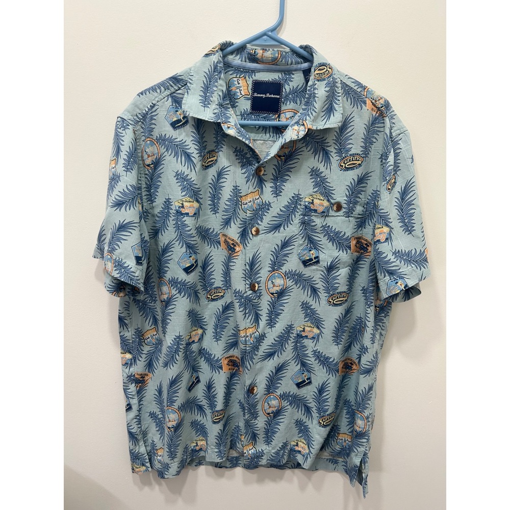 Tommy Bahama Mens Silk Blue Surfing Club‎ Palm Leaf Camp Shirt L Hawaiian Button